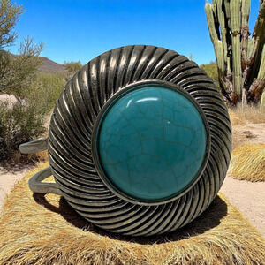 Vintage Y2K Southwestern Faux Turquoise Silver Tone Hinged Cuff Bracelet Cowgirl